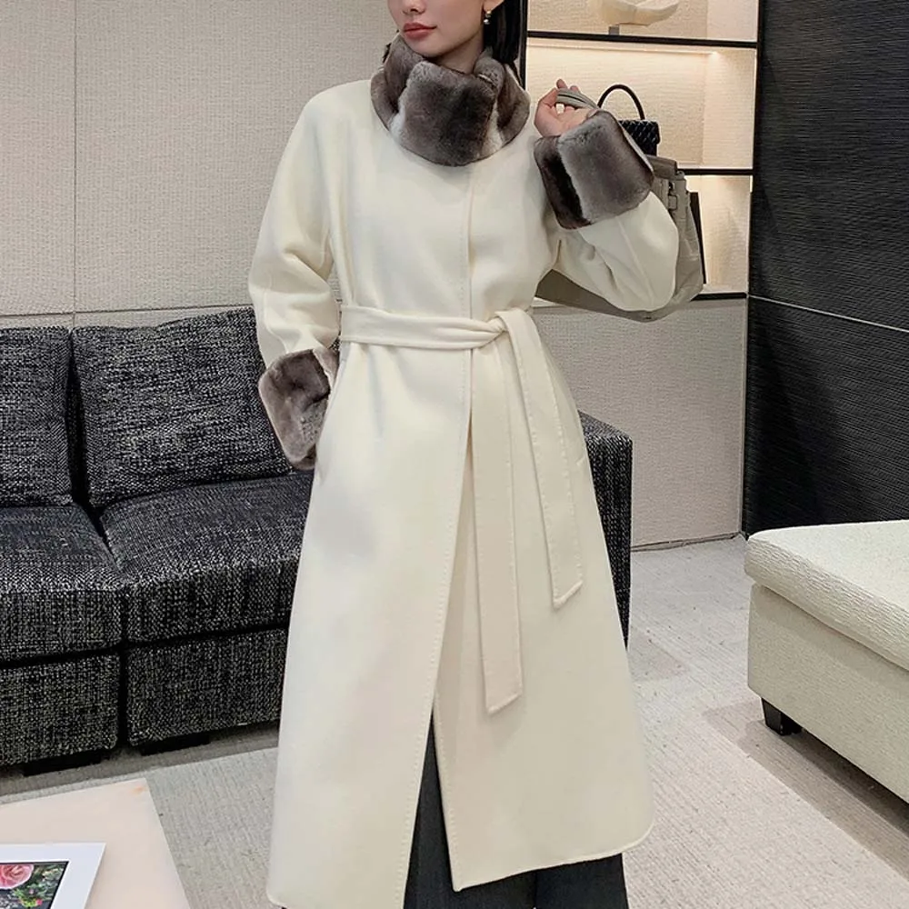 2025 Cappotto invernale da donna in cashmere caldo spesso Cappotto nero elegante Cappotti di lana in pelliccia di visone patchwork con lacci 6