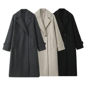 PB&ZA2024 Cappotto di lana doppio petto lungo morbido colletto caldo allentato semplice moda invernale delle nuove donne 1