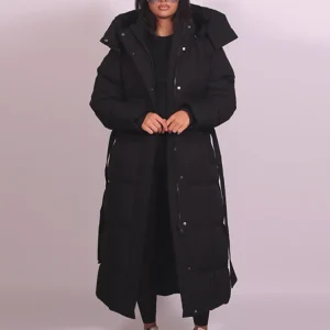 Cappotto lungo in cotone con cappuccio trapuntato imbottito da donna caldo Colletto alla coreana solido allentato Cappotti con cerniera con lacci 2025 Capispalla invernale da donna 1