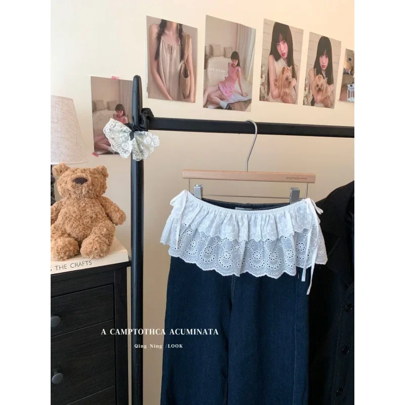 Gonna in pizzo floreale bianco Mezza lunghezza Primavera Estate Stile balletto da donna Dolce nodo a farfalla Cravatta Capispalla Gonna a trapezio sovrapposta 3