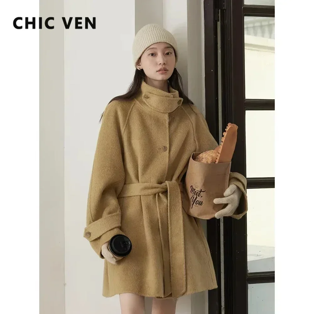 CHIC VEN Cappotto di lana da donna coreano monopetto allentato colletto alla coreana cintura lungo soprabito da donna double face autunno inverno 2024 3