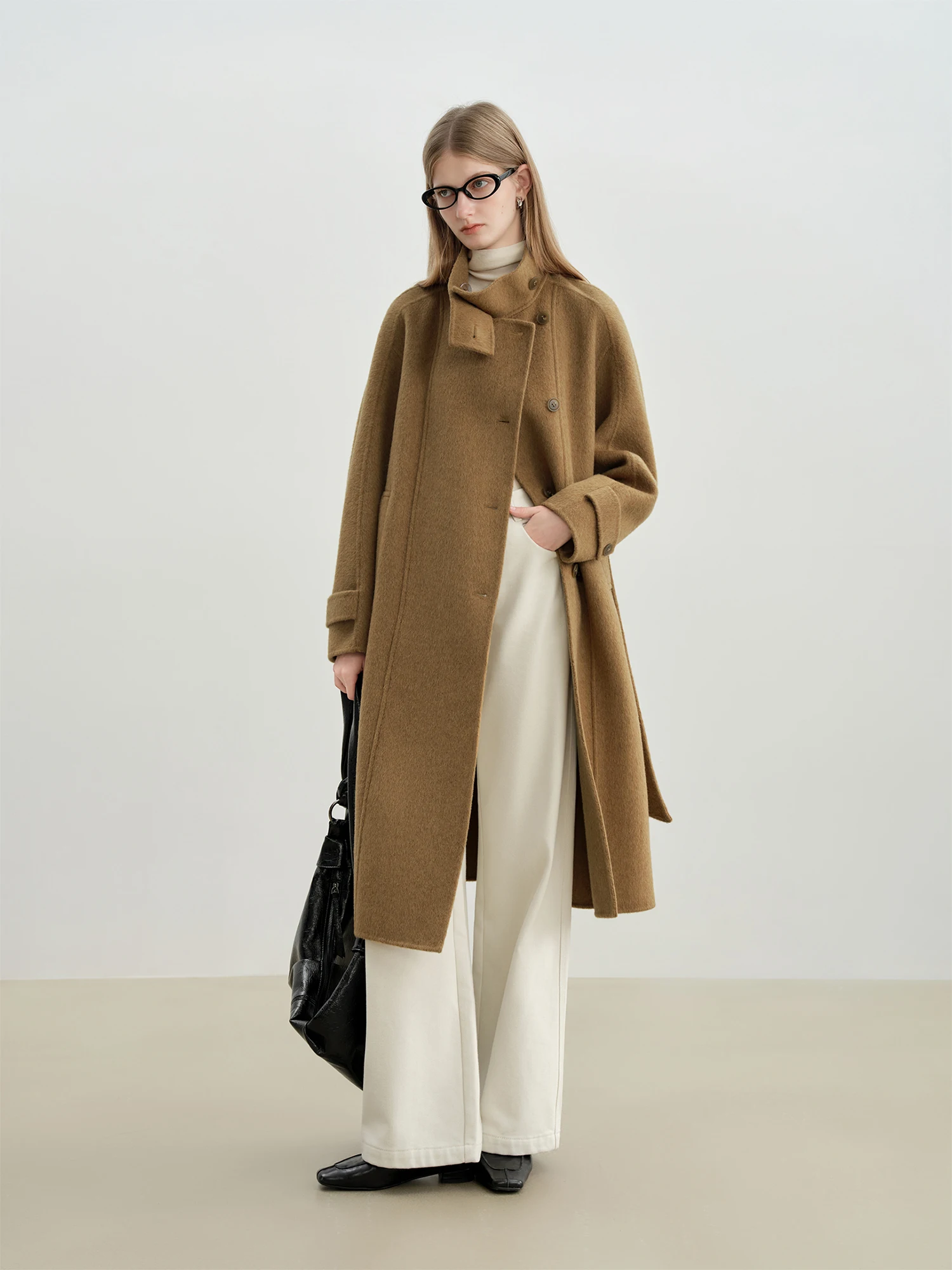 ZIQIAO Cappotto di lana con colletto alla coreana a doppia parte anteriore per donna 2025 Inverno Nuovo cappotto di media lunghezza Temperamento Elegante Vinatge Stile francese 2