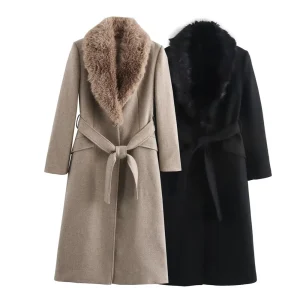 Cintura da donna Cappotto con collo in pelliccia calda Colletto ribaltabile Tasca con bottoni Decorazione Autunno/Inverno Nuovo abbigliamento da donna 1