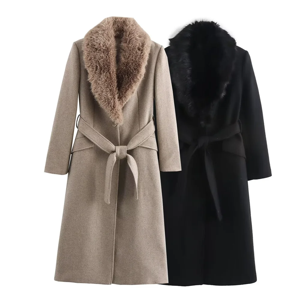 Cintura da donna Cappotto con collo in pelliccia calda Colletto ribaltabile Tasca con bottoni Decorazione Autunno/Inverno Nuovo abbigliamento da donna 1