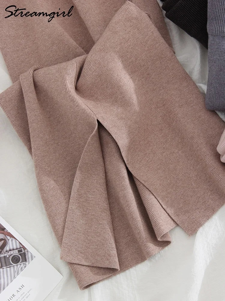 Gonne lunghe lavorate a maglia blu donna 2023 fasciatura primaverile gonna a trapezio divisa a vita alta matita aderente donna gonne Midi lavorate a maglia Maxi 4