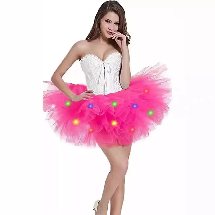 Gonna TUTU in rete a cinque strati per adulti con luci colorate a LED Gonna da spiaggia gonfia Tessuto in poliestere Street Style Rocker Ballerino sexy 4