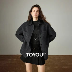 TOYOUTH Cappotto di lana doppio lato in lana da donna 2025 Autunno Nuovo soprabito femminile con colletto rovesciato in pelle patchwork retrò 1