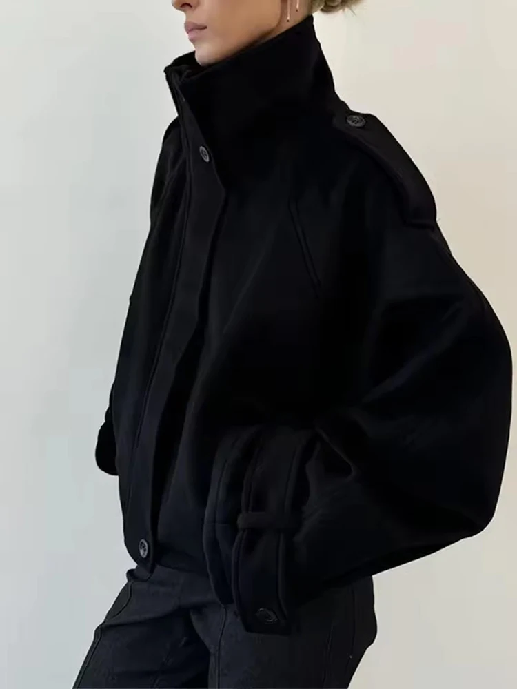 FSMG Cappotto di lana vintage con colletto allentato per donna Cappotto corto caldo a maniche lunghe solido casual Capispalla da strada alla moda 4