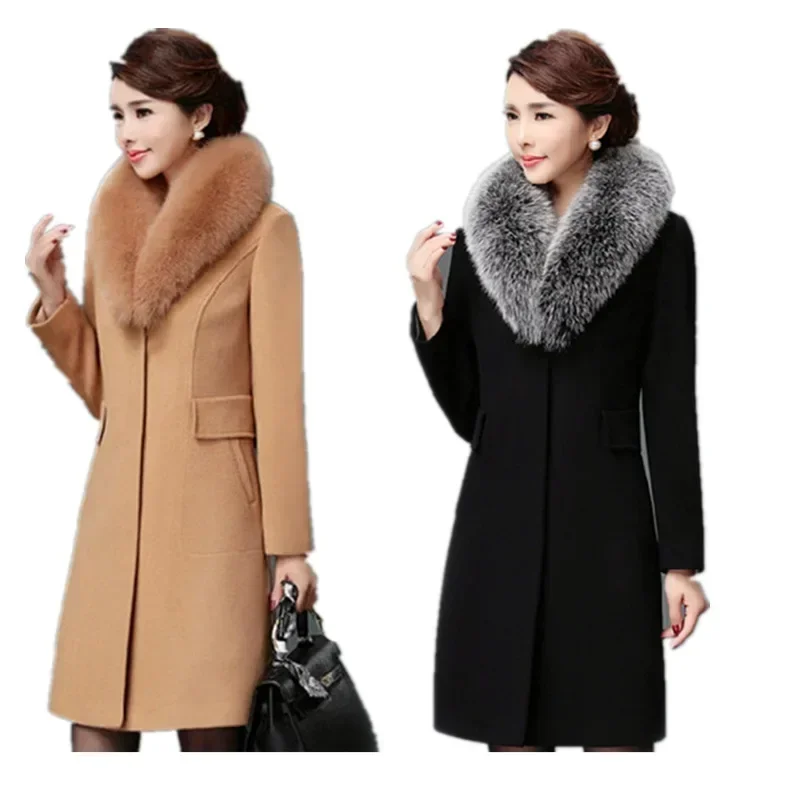 Autunno inverno moda di fascia alta sottile era sottile cappotto di lana collo di pelliccia sintetica sottile era sottile cappotto di media lunghezza cappotto donna 4
