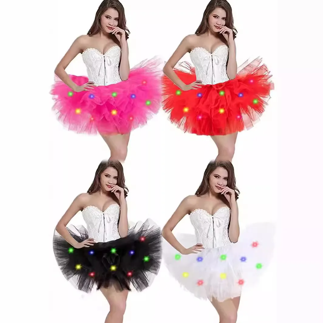 Gonna TUTU in rete a cinque strati per adulti con luci colorate a LED Gonna da spiaggia gonfia Tessuto in poliestere Street Style Rocker Ballerino sexy 1