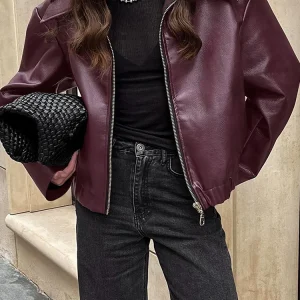 2025 New Fashion PU Leater Giacca allentata Donna Autunno Risvolto Cerniera Manica lunga Capispalla Streetwear Borgogna Bomber femminile Cappotti 1