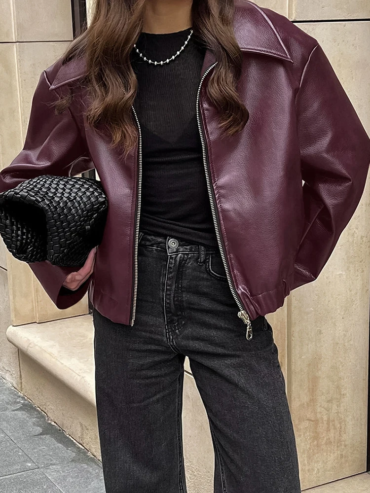 2025 New Fashion PU Leater Giacca allentata Donna Autunno Risvolto Cerniera Manica lunga Capispalla Streetwear Borgogna Bomber femminile Cappotti 1