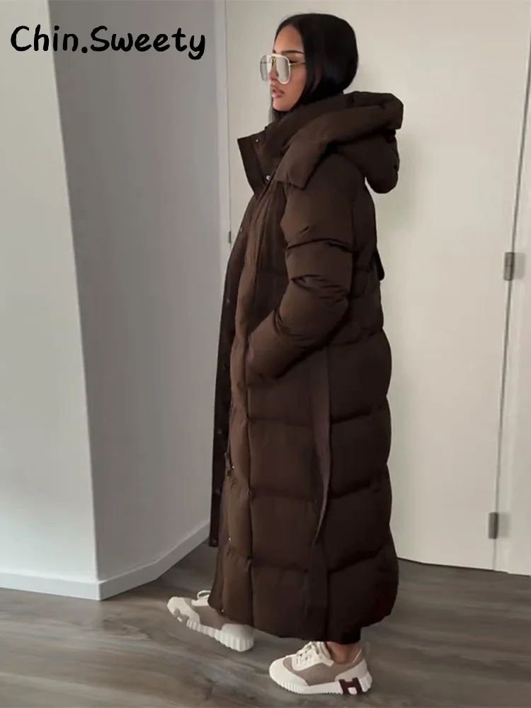 Cappotto lungo in cotone con cappuccio trapuntato imbottito da donna caldo Colletto alla coreana solido allentato Cappotti con cerniera con lacci 2025 Capispalla invernale da donna 2