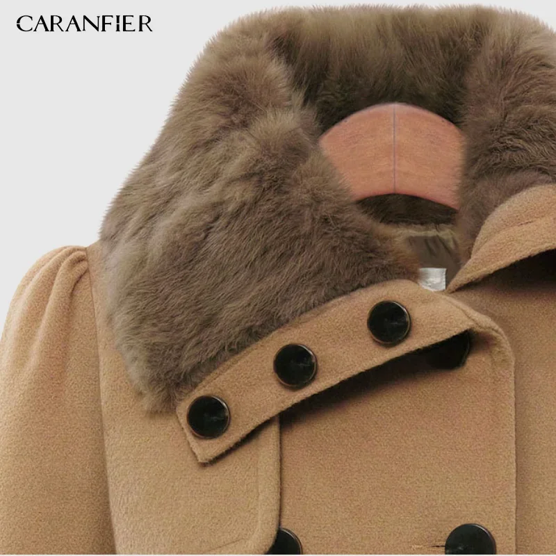 CARANFIER Cappotto da donna Nuovo stile Europa e America Abito da DONNA Slim Fit Lungo doppio petto Cappotto spesso con orlo Giacca di lana 5