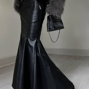 Lautaro primavera autunno Chic elegante nero morbido in pelle Pu Midi gonna a sirena donna vita alta lunghi vestiti firmati di lusso 2023 1