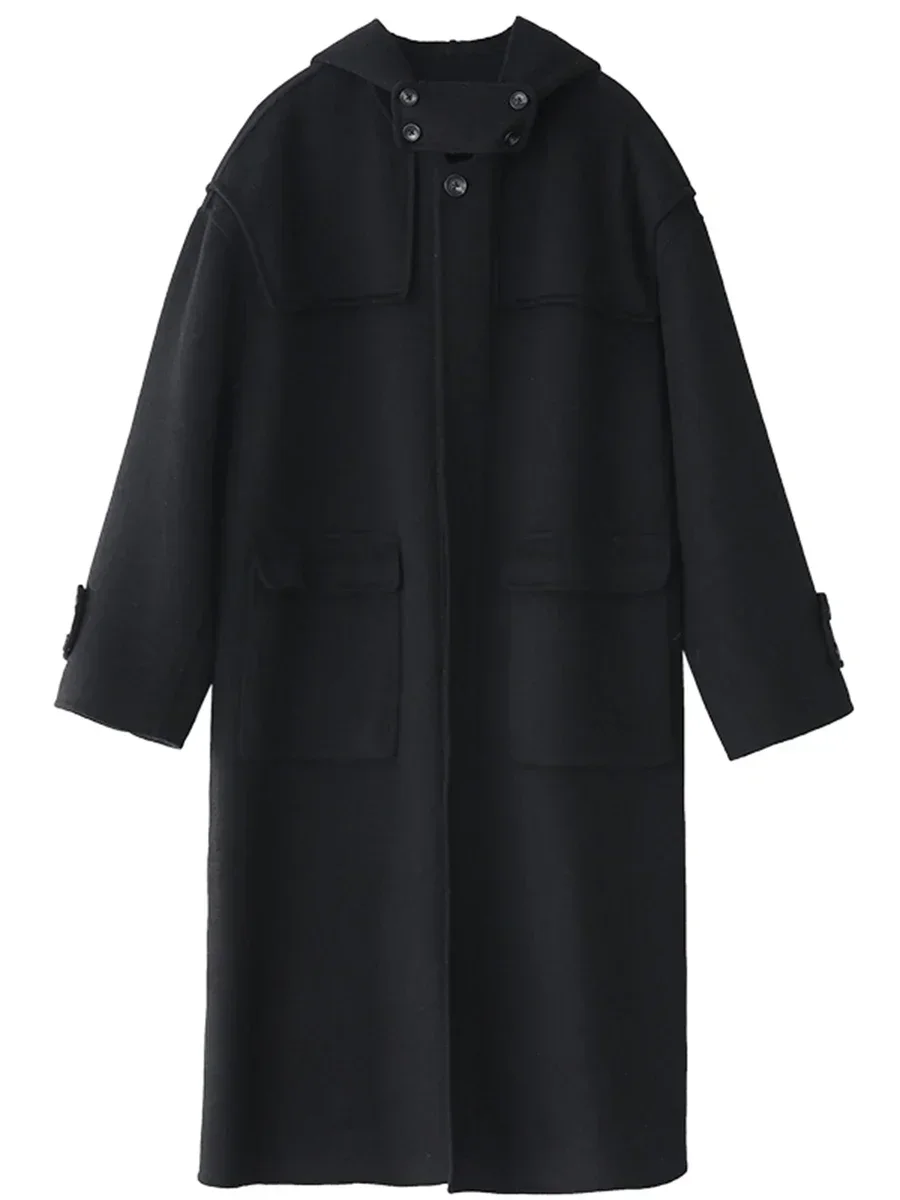 CHIC VEN Fashipn Cappotti Lunghi da Donna Monopetto Casual Allentato con Cappuccio Misto di Lana Cappotto Femminile Magliette E Camicette Autunno Inverno 2023 5