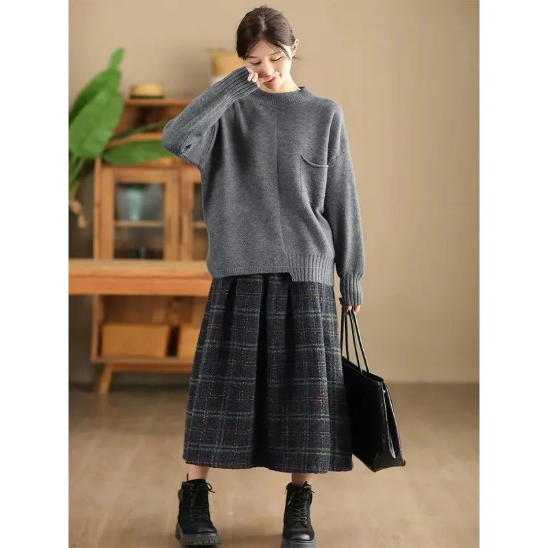 Gonna longuette scozzese di lana moda autunno inverno Gonna a trapezio da donna Gonna snellente a vita alta in misto poliestere Gonna stile pendolare 3