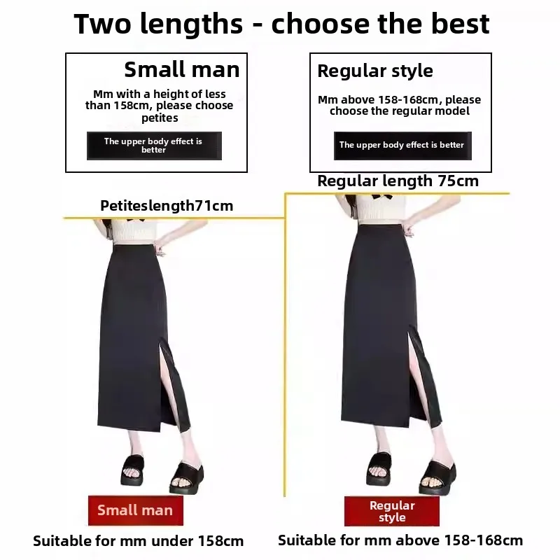 Gonna longuette a vita alta per donna Nero asimmetrico dimagrante Estate Nuova spacco laterale A-Line Fibra di poliestere Colore puro Nessuna decorazione 3