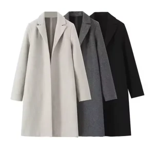 2025 Cappotto di lana da donna Moda Solid Open Stitch Trench lungo Vintage scollo a V maniche lunghe Abiti da donna chic femminili 1