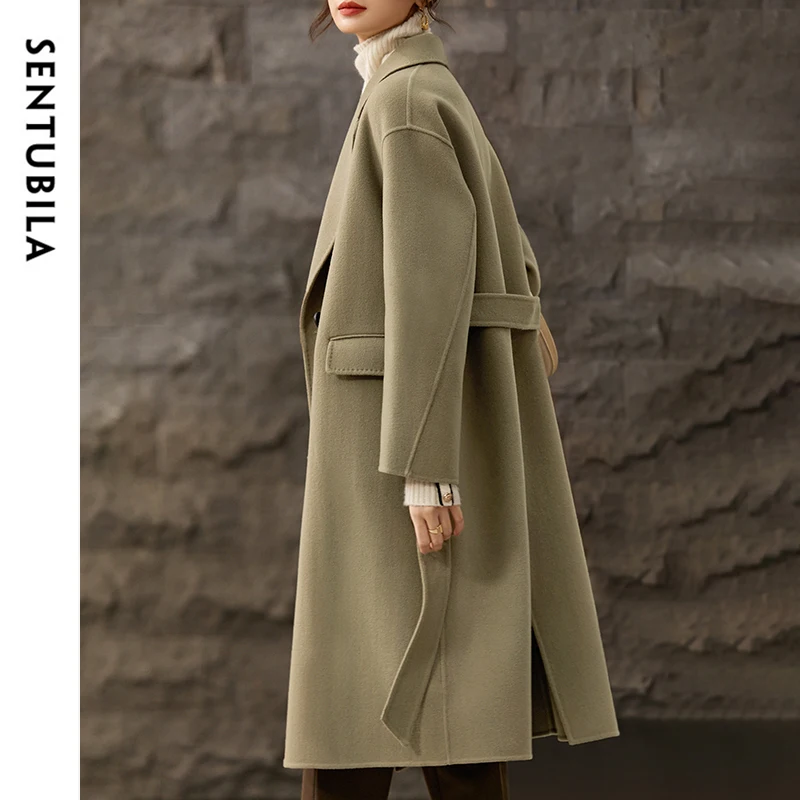 SENTUBILA Cappotto lungo in lana 100% per donna 2025 Inverno spesso sfoderato con cintura di media lunghezza caldo capispalla di alta qualità W44O56770X 2