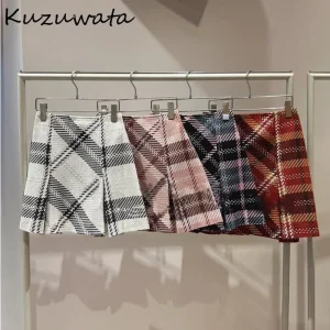 Kuzuwata nuova moda personalizzata a vita alta Faldas Plaid Slim Flare All-match Casual Mujer Faldas giappone gonne di lusso increspate 1