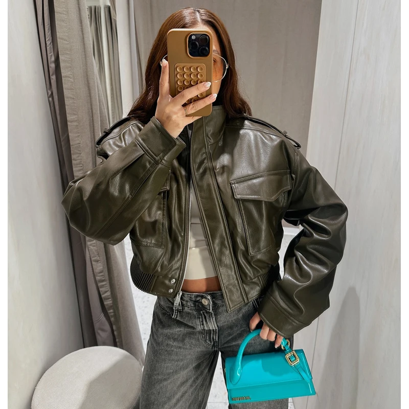 MUJER Giacca corta in ecopelle Donna Bomber Giacche da mezza stagione per donna Cappotti da donna a maniche lunghe Cappotto con zip Giacca da donna 6