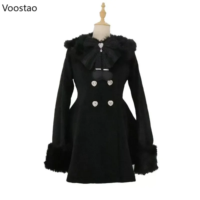 Cappotto di lana Lolita giapponese Kawaii autunno inverno donna dolce fiocco giacca sottile in peluche abito caldo stile coreano femminile soprabito carino 2