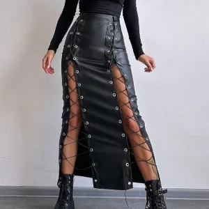 Shestyle Lace Up Bandage Scava Fuori Gonna Lunga da Donna con Spacco in Pelle PU Matita Sexy a Vita Alta 2025 Primavera Nuova Moda Fondo Nero 1