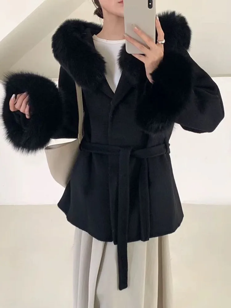 UCXQ Cappotto di lana double face caldo tinta unita Cappotto cardigan con cintura a maniche lunghe con cappuccio da donna 2025 Autunno Inverno Nuova marea 23Z4477 3