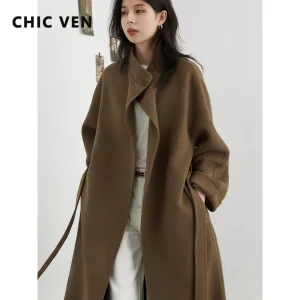 CHIC VEN Moda Donna Cappotto lungo di lana Allentato Nuovo Colletto alla coreana Cintura Cappotto femminile Solido Capispalla da donna Autunno Inverno 2025 1