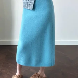 Gonna a trapezio lavorata a maglia blu per donna autunno e inverno 2024 nuova gonna a vita alta a gamba dritta per persone piccole 1