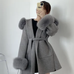2024 nuove signore di grandi dimensioni tuta sportiva cappotto di pelliccia reale giacca invernale da donna collo di pelliccia di volpe naturale polsini cappuccio cashmere lana di lana 1
