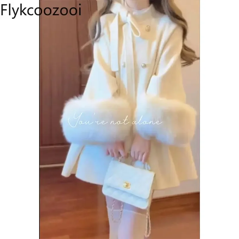 Cappotto di lana con mantello con fiocco in stile coreano per 2024 Autunno e inverno Nuovo stile Piccolo design Jaqueta Feminina Giacca invernale da donna 1