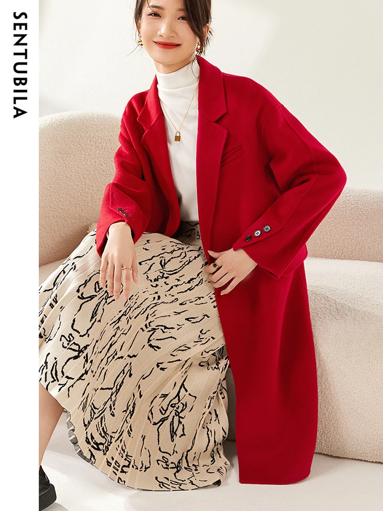 Sentubila inverno donna elegante lana tinta unita cappotto lungo moda caldo soprabito femminile monopetto capispalla W24O42059 3