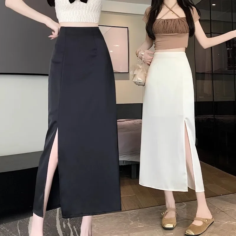 Gonna longuette a vita alta per donna Nero asimmetrico dimagrante Estate Nuova spacco laterale A-Line Fibra di poliestere Colore puro Nessuna decorazione 2