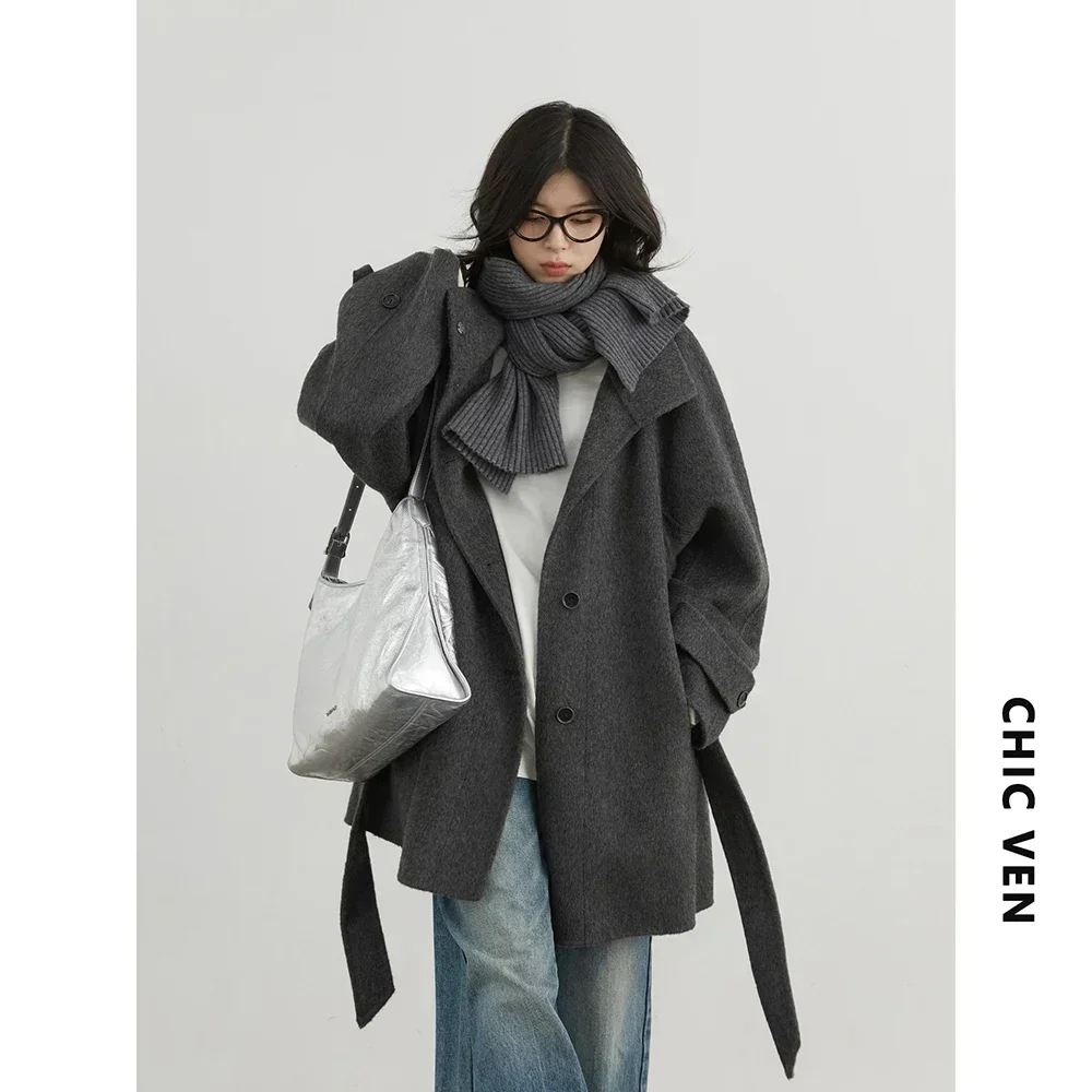CHIC VEN Cappotto di lana da donna coreano monopetto allentato colletto alla coreana cintura lungo soprabito da donna double face autunno inverno 2024 6