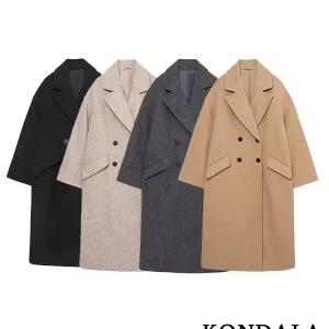 KONDALA Donna Autunno Inverno Cappotti lunghi spessi Vintage Scollo a V Tasche a maniche lunghe Giacche Moda 2025 Cappotti femminili eleganti 1