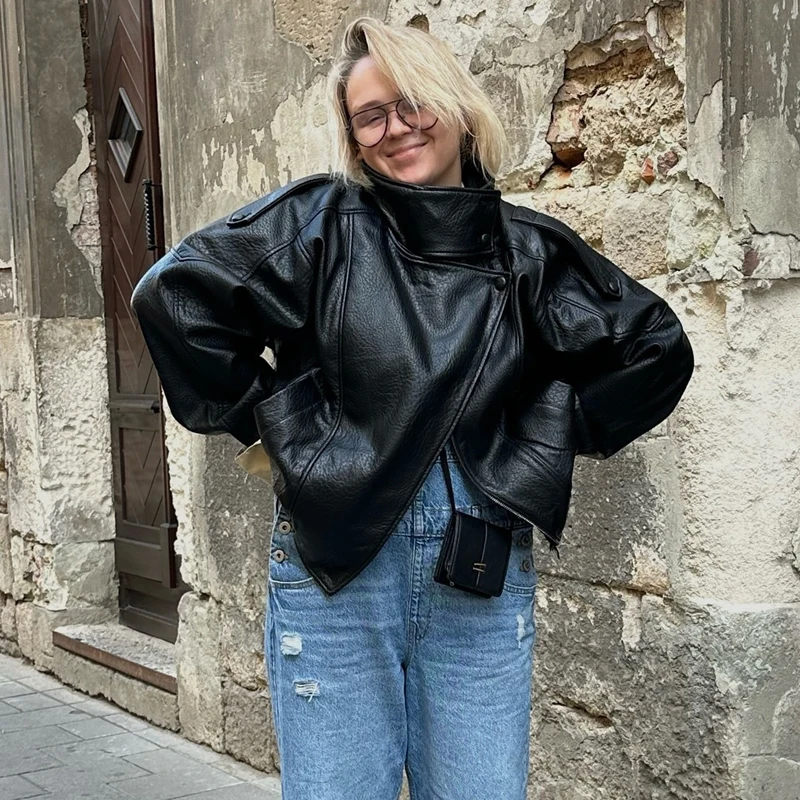 MUJER Giubbotti bomber neri da donna Giacca da donna in ecopelle da ufficio con bottoni automatici Cappotti invernali da donna Soprabito Capispalla 6