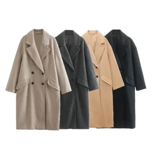 Nuovo prodotto invernale Moda donna e casual Versatile colletto ribaltabile Cappotto lungo in lana con bottoni doppiopetto Co 1