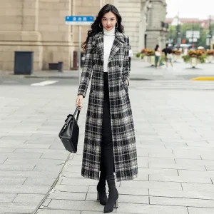 Cappotto di lana scozzese da donna lungo stile coreano vita in vita 2025 femminile autunno inverno nuovo cappotto di lana sopra il ginocchio slim fit spesso 1