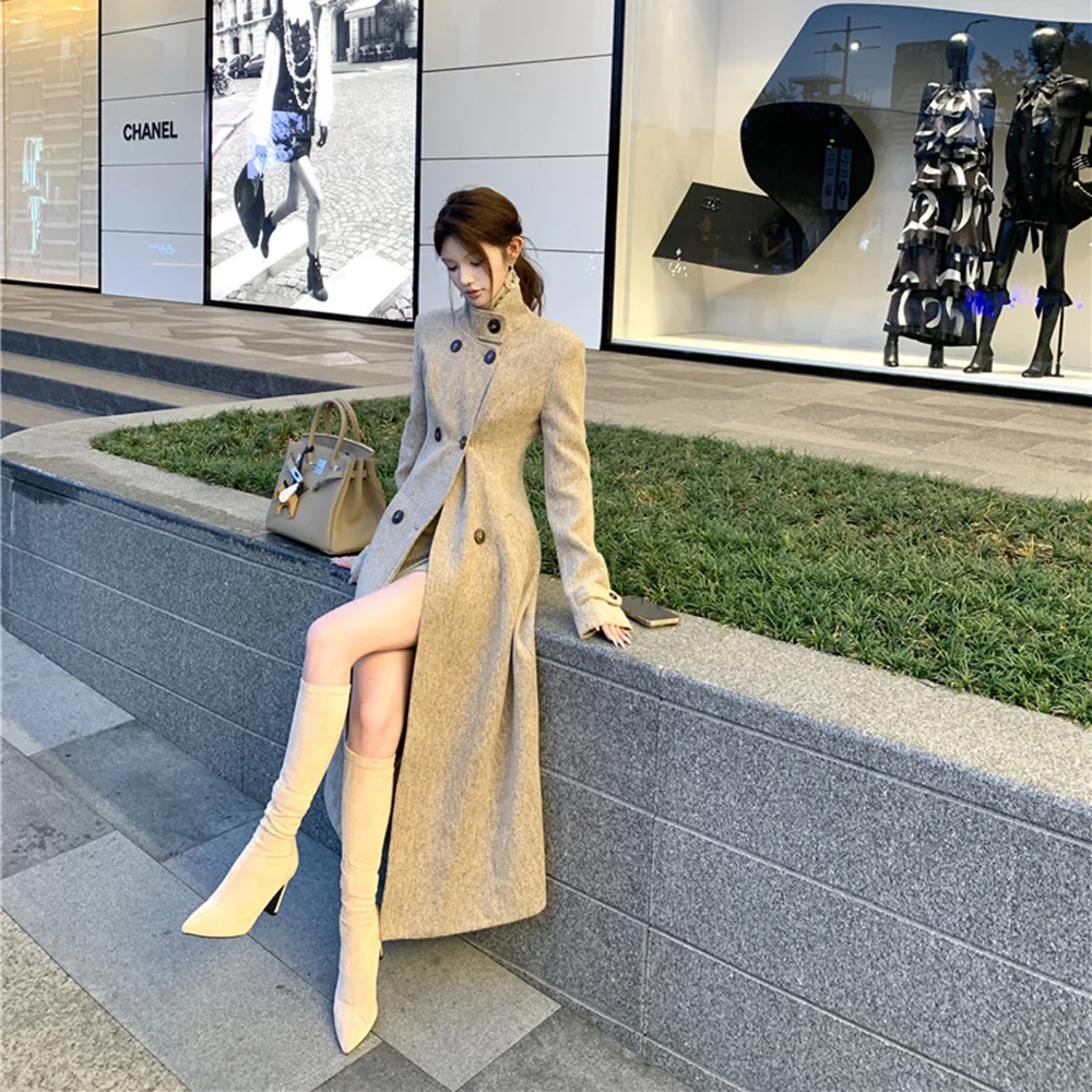 FZCSPEED Trench lungo da donna Colletto rialzato Cappotto in lana Cappotto doppiopetto alla moda per pendolari in vita Cachi 3