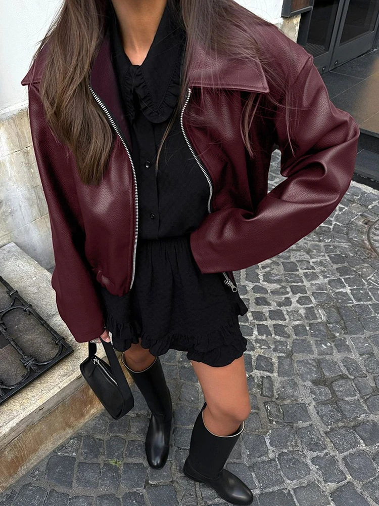 2025 New Fashion PU Leater Giacca allentata Donna Autunno Risvolto Cerniera Manica lunga Capispalla Streetwear Borgogna Bomber femminile Cappotti 3