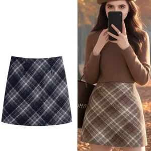 Gonna a trapezio corta vintage scozzese stile coreano per donna Autunno Inverno Streetwear Gonne a tubino di lana sottili Donna 1