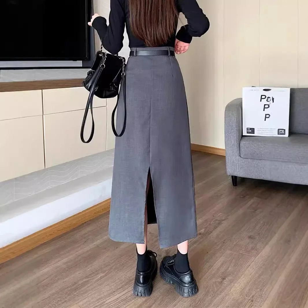 Abito casual grigio Minigonna a linea A Vita alta Sottile Lunghezza gamba dritta a metà polpaccio Decorazione con cerniera per nascondere l'anca divisa 2