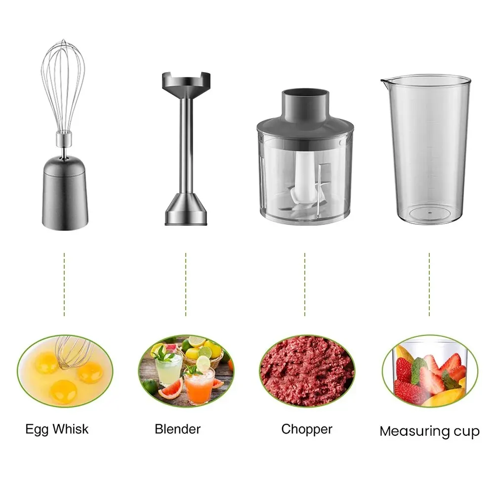 Frullatore ad immersione manuale 1000 W Potente 4 in 1, robot da cucina con bastoncino in acciaio inossidabile, vaso di miscelazione da 700 ml, processore da 500 ml, frusta 5
