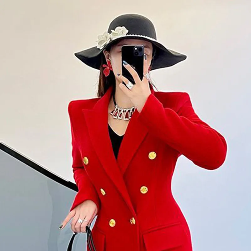 Cappotto di lana da donna con risvolto elegante alla moda autunno inverno 2025 Cappotto di lana da donna doppiopetto spesso rosso di alta qualità H468 4