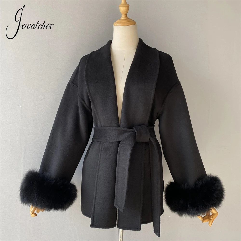 Jxwatcher Cappotto di lana da donna con polsini in vera pelliccia di volpe Cintura elegante da donna Capispalla sottile Autunno Inverno Cappotti di lana di fascia alta 2024 Nuovo 5
