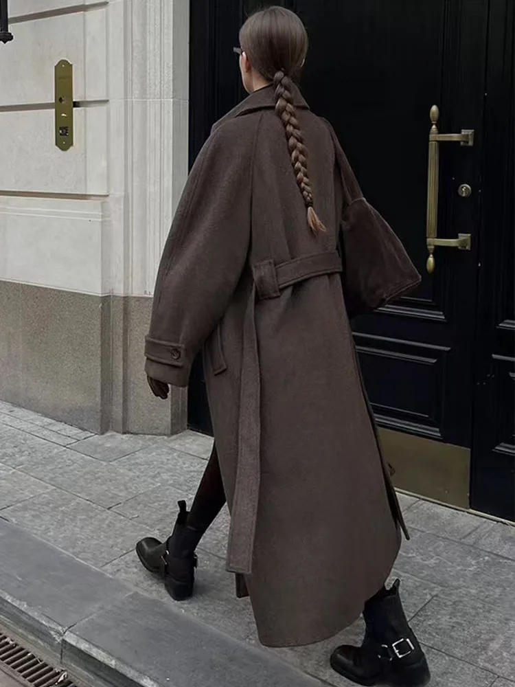 HH Giacca da donna in lana con cintura a maniche lunghe vintage moda invernale Cappotto lungo decorato con tasca monopetto casual da strada femminile 4