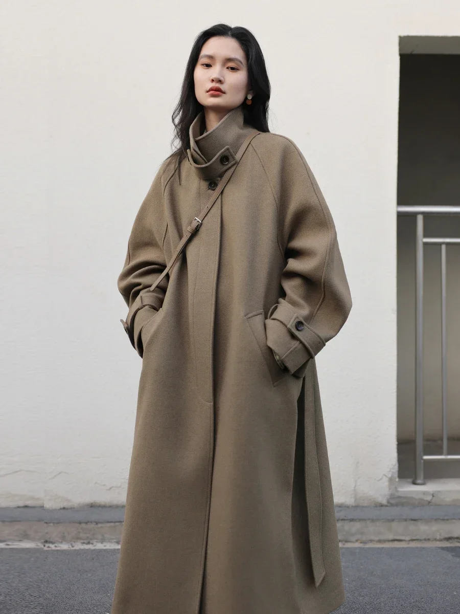 CHIC VEN Women Long Trencn Coat cintura in piedi cappotto di lana con lacci maniche Raglan cappotto lungo Office Lady autunno inverno 2023 3