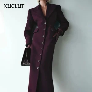 KUCLUT 2025 Autunno Inverno New Fashion Trench di lana per le donne Elegante colletto rovesciato a vita alta giacca a vento lunga 1A845 1
